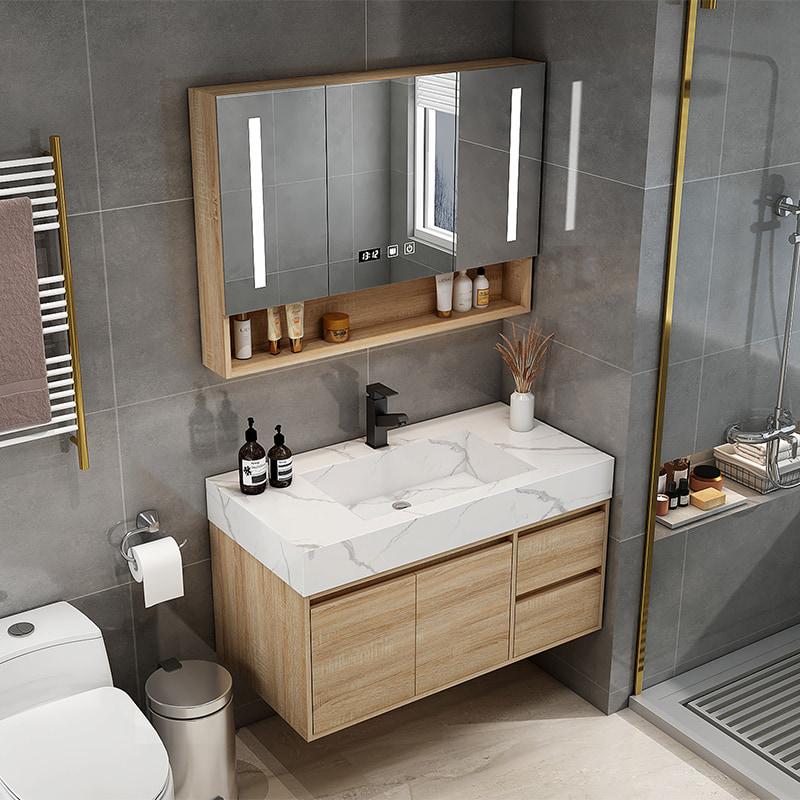 Original woodgrain bathroom vanity with white sink